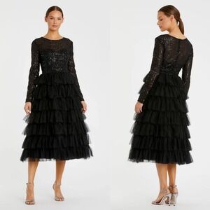 Mac Duggal Ieena NEW Black Long Sleeve Ruffle Tiered Sequin Midi Dress - Size 4‎